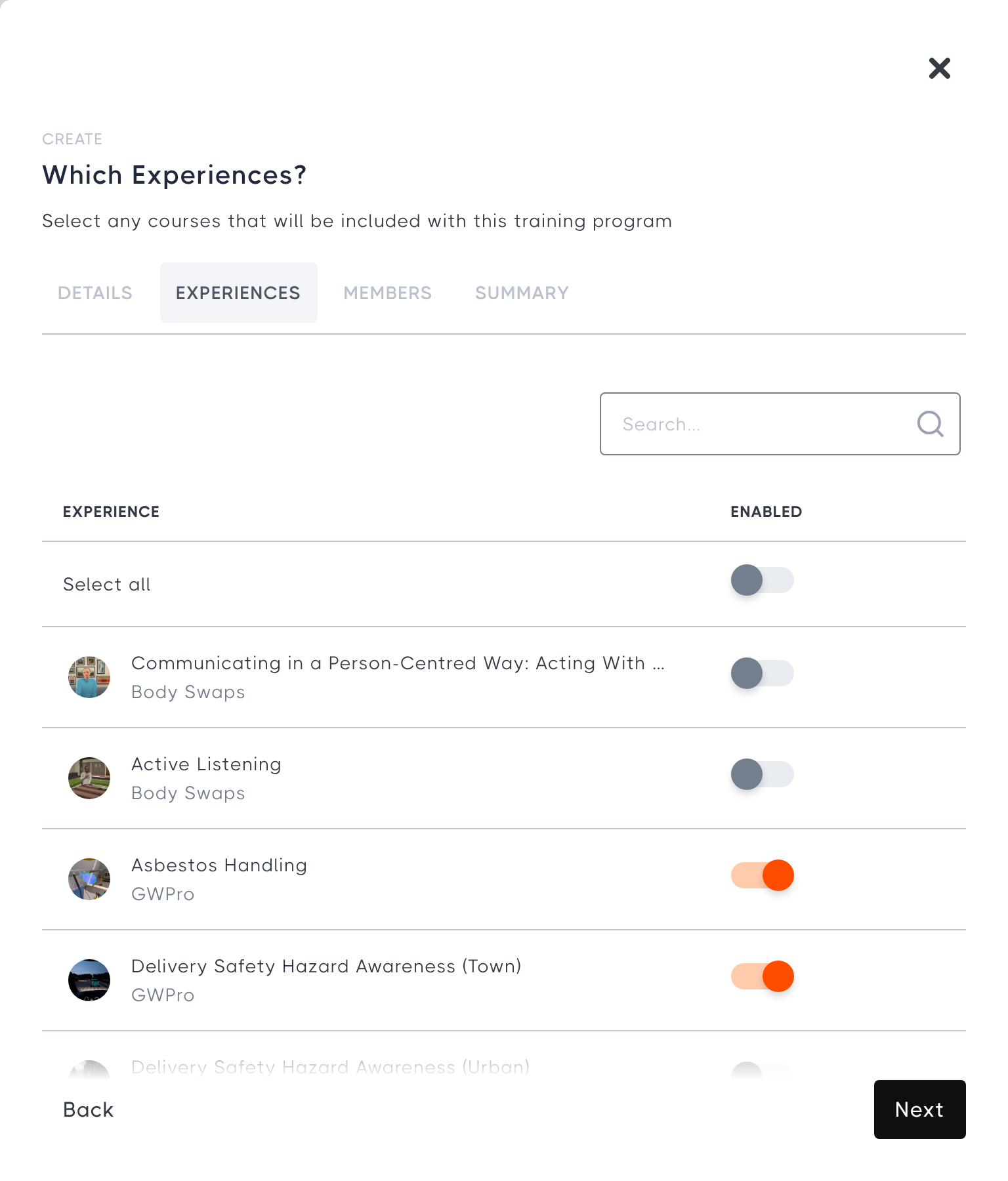 Step 2: choosing experiences