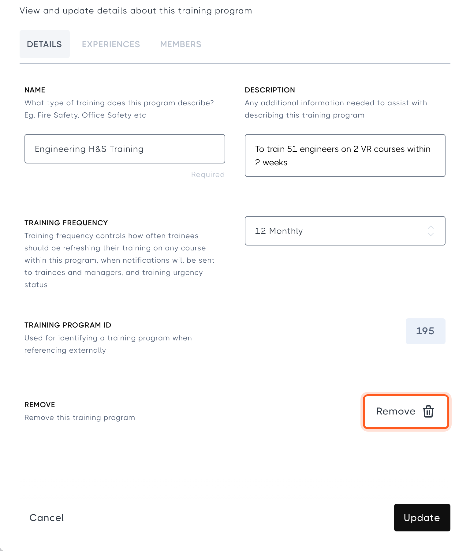 The Remove button on a training program
