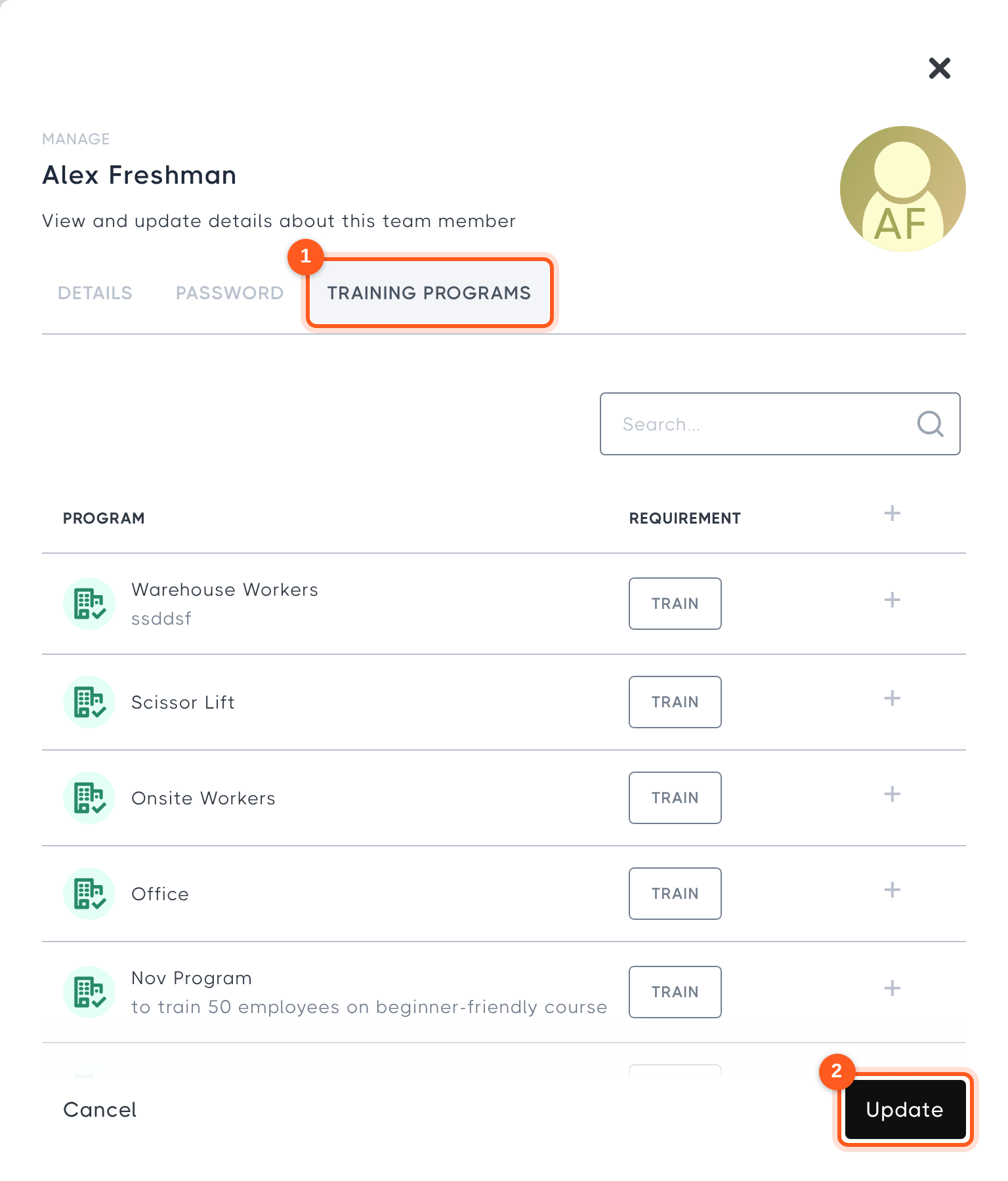 The Training Programs tab of a member's profile
